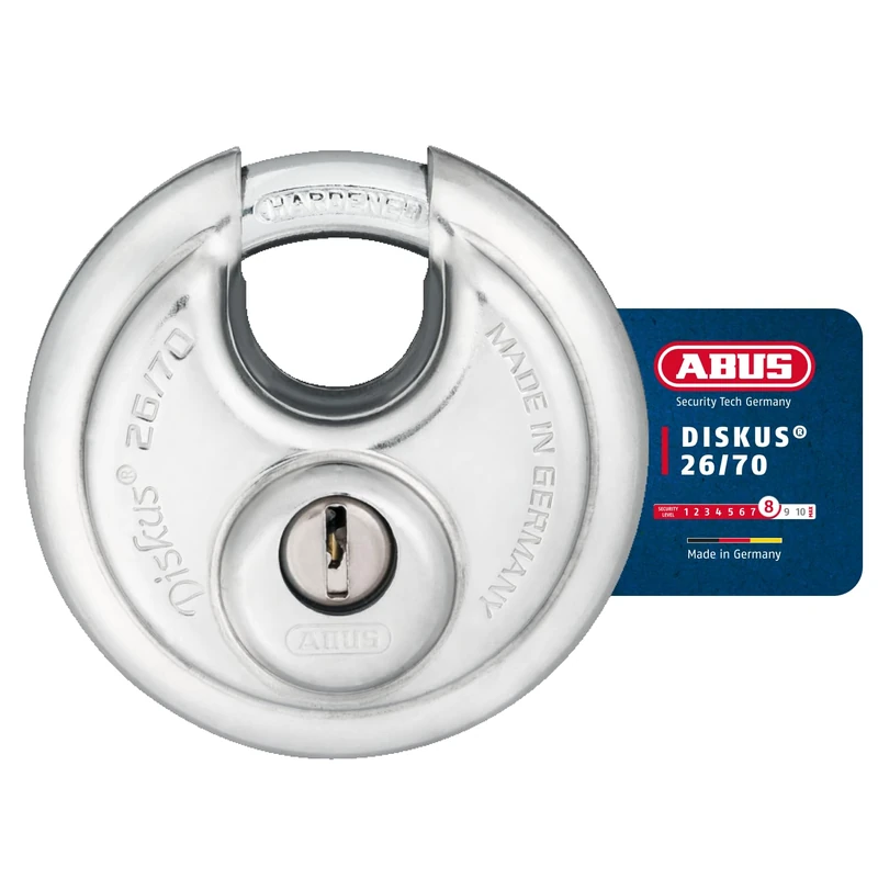 ABUS Discus Padlock 26/70 - Heavy Duty Padlock - Weatherproof - with Drill and Pull-Protected Cylinder - keyed - ABUS Security Level 8 - Silver