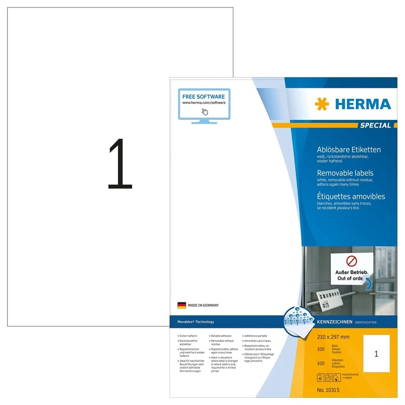 HERMA 10315 Removable labels A4 210x297 mm white Movables/removable paper matt 100 pcs.