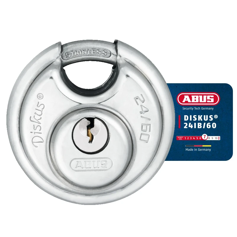 ABUS Discus Padlock 24IB/60 Made of Stainless Steel - with 360° All-Round Protection - for securing in Extreme Weather Conditions - ABUS Security Level 7 - Silver/Blue