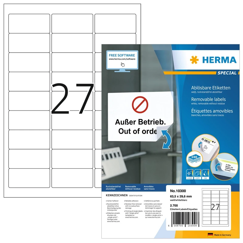 HERMA Self Adhesive Removable Labels, 27 Labels per A4 Sheet, 100 Sheets, 63.5 x 29.6 mm, 2700 Labels, Blank Multipurpose Labels Stickers, Sticky Labels for Laser & Inkjet Printer, White