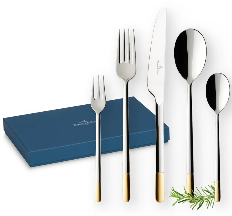 Villeroy & Boch Ella Cutlery for up to 6 People, 30 Pieces, Stainless Steel, Partially Gold-Plated