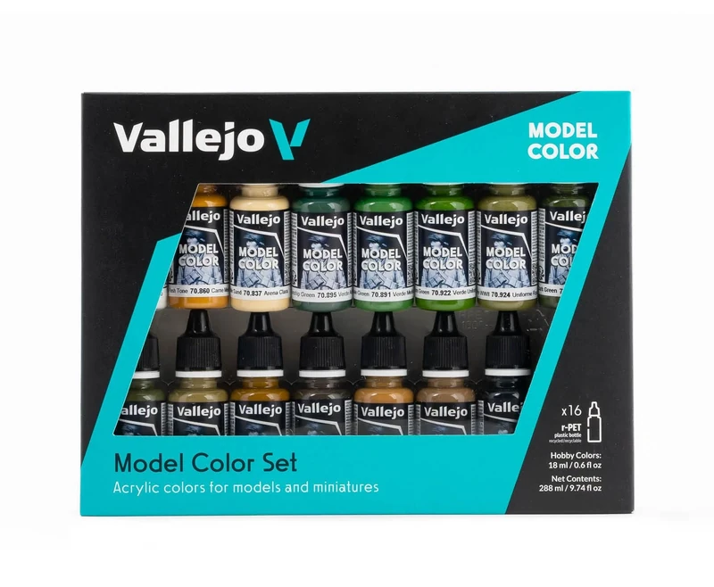 Vallejo Model Color Set, WWII Allies Acrylic Paint Kit, 16 Matte Finish Colors in 18 ml Bottles with Dropper, Ideal for Miniatures and Vehicles