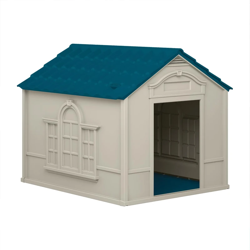 Suncast Deluxe Dog House for Dogs up to 100 Pounds with Removable Roof, Vents, Crowned Channeled Floor, and Personalization Labels, Taupe/Blue - Image 1