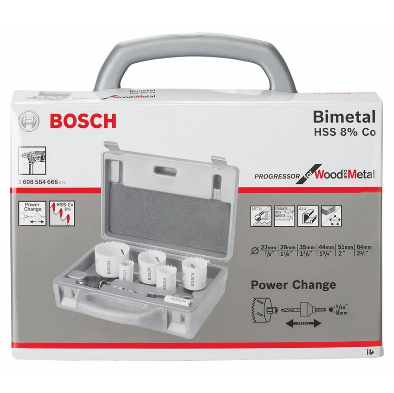 Bosch Professional 9 pcs. Hole Saw Progressor for Wood & Metal Set (for Electricians, Ø 22-64 mm, Accessory Drill)