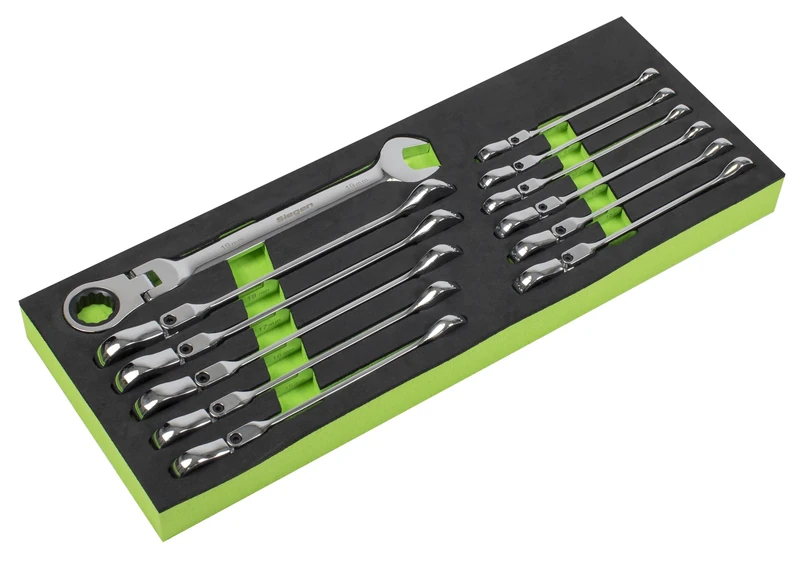 Sealey S0635 Metric Flexible Head Ratchet Combination Spanner Set, 12 Pieces, Silver