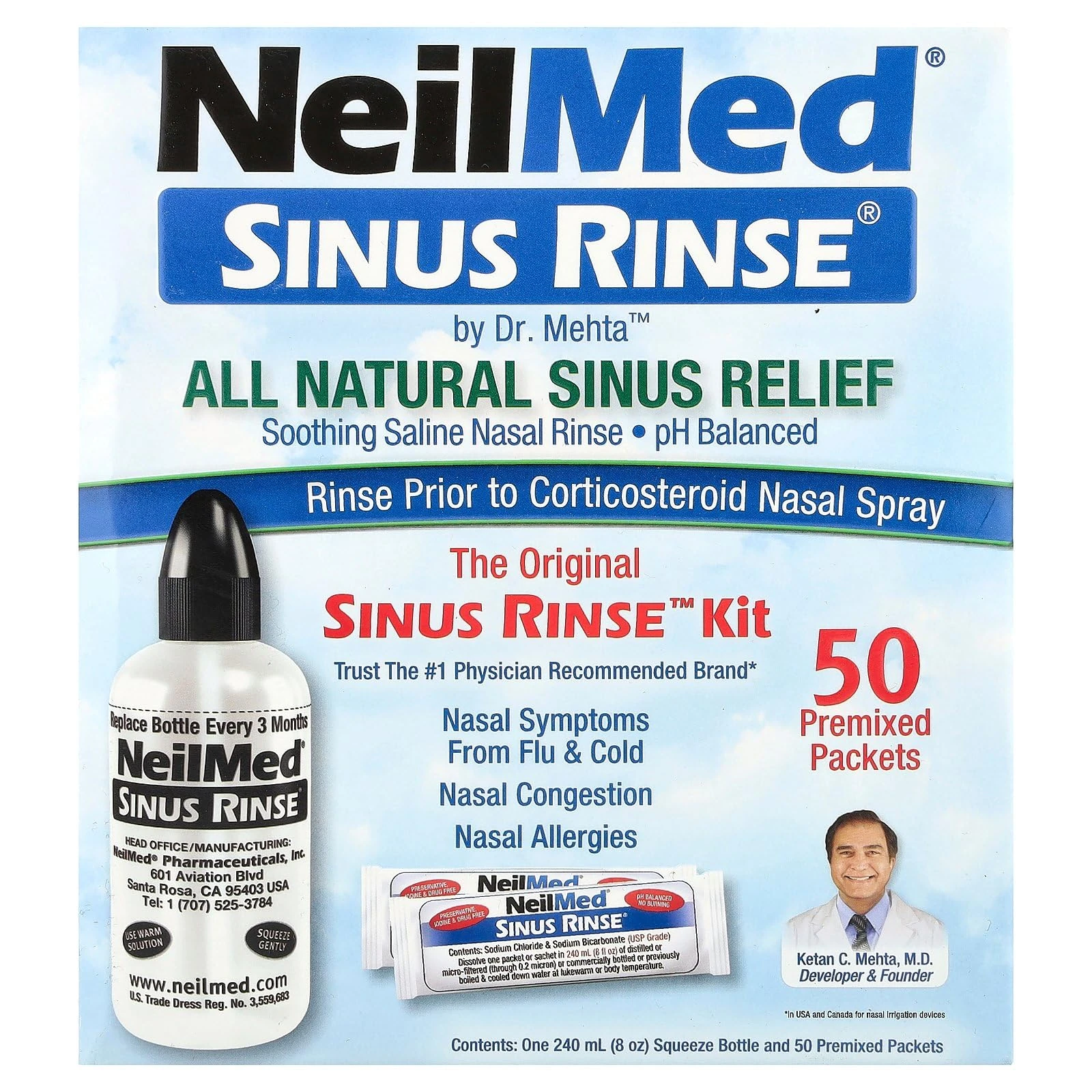 NeilMed Original Sinus Rinse Kit with 60 Premixed Sachets