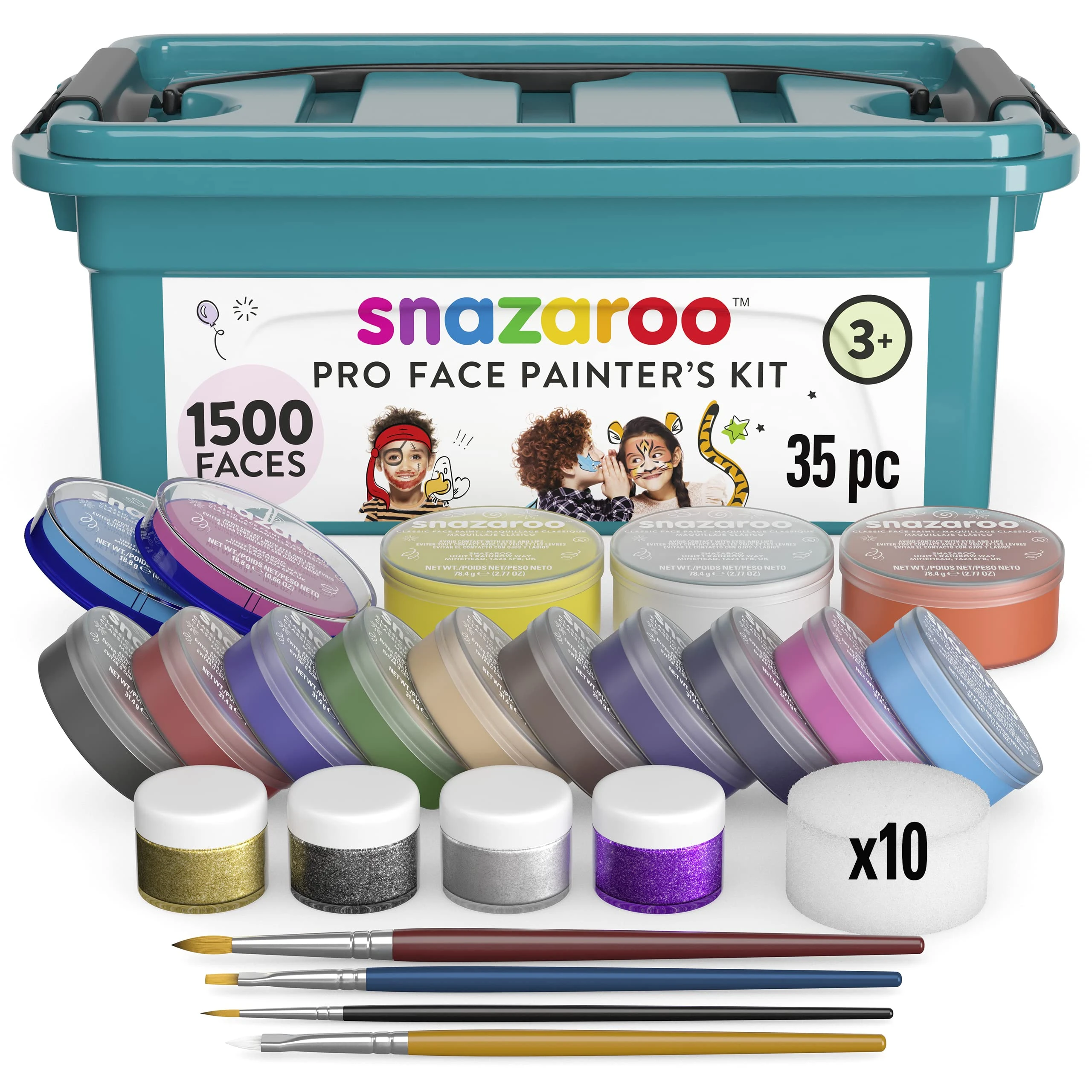 Snazaroo Professional Face Paint Kit for Kids and Adults, 35 Pieces, 15 Colours, Brushes, Glitter Gels, Sponges, Guide, Water Based, Easily Washable, Makeup, Body Painting