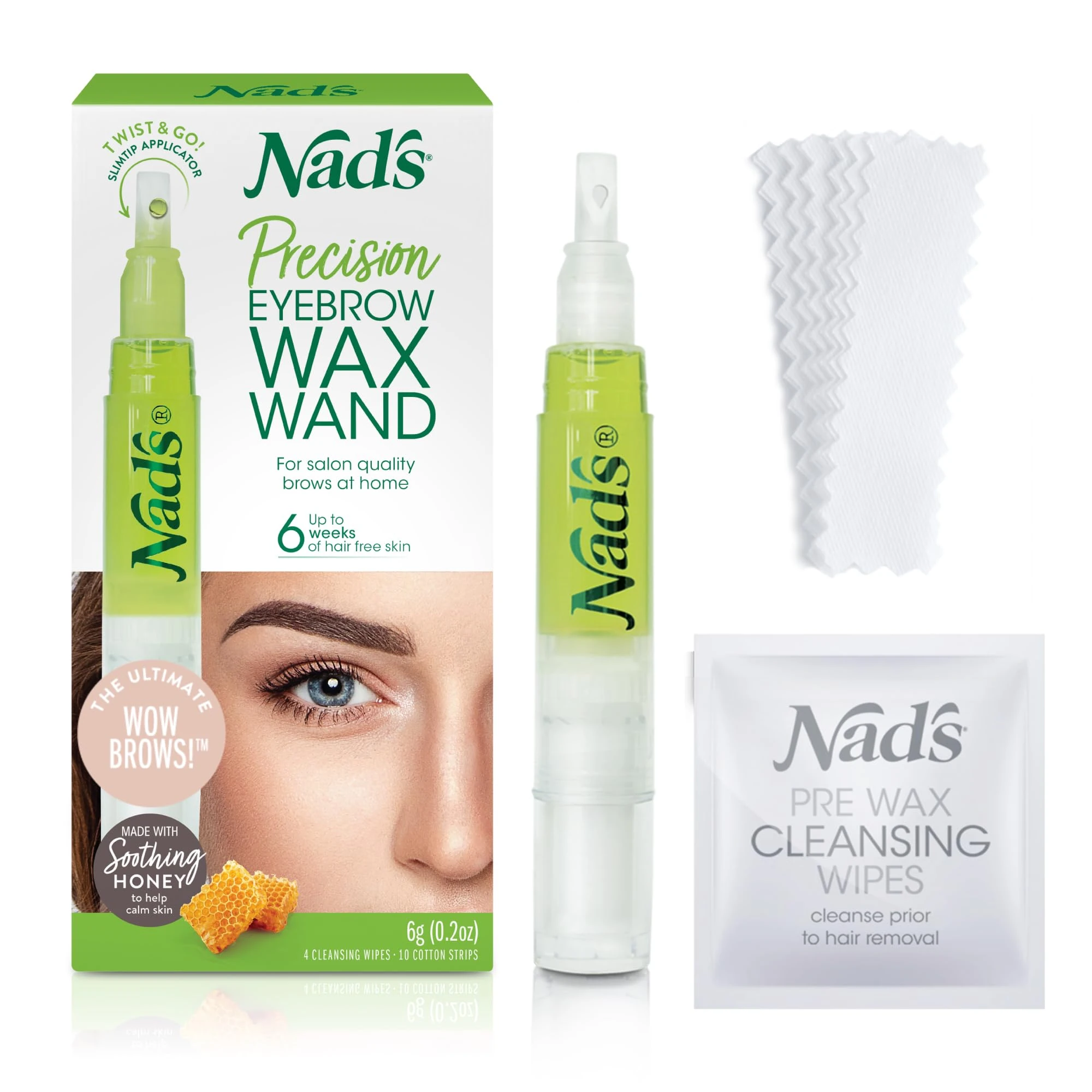 Nad's Facial Wax Wand Eyebrow Shaper, Eyebrow Kit, Face Wax, Hypoallergenic, No-heat Formula, Includes Pen 6g, 10 Reusable Cotton Strips, 4 Pre-wax Wipes