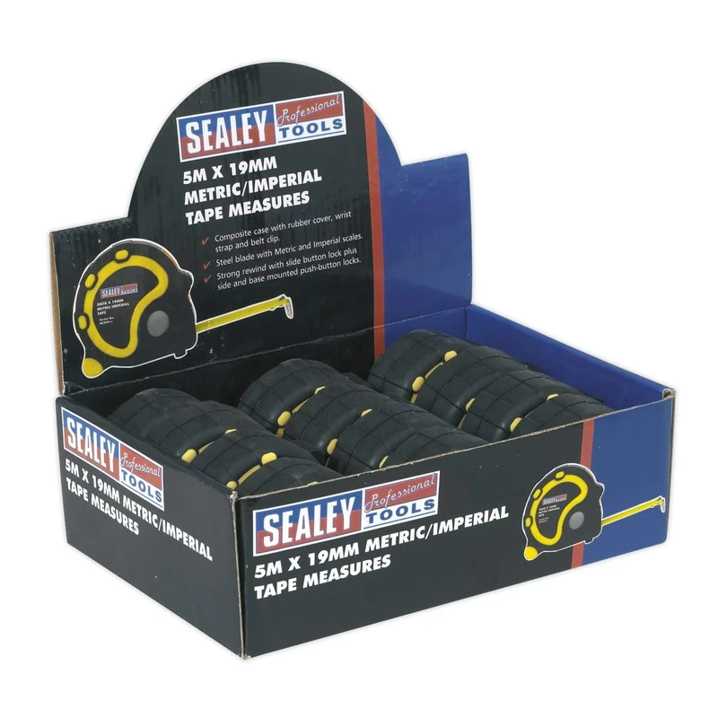 Sealey AK98912 5m(16ft) x 19mm Tape Measure Display Box of 12 - Metric/Imperial