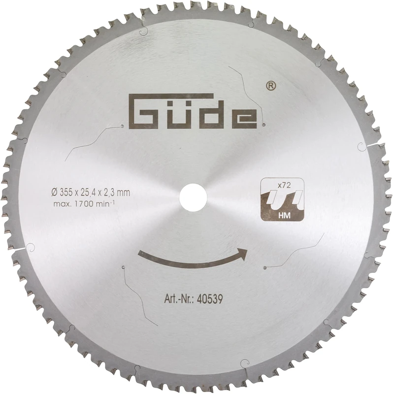 Güde Metal Circular Saw Blade HM 355 x 25.4 x 72Z (Diameter 35.5 cm, 2.54 cm Saw Blade Bore, 72 Teeth, Max. 1700 RPM, No Cooling, Suitable for Non-Ferrous Metals Such as Steel, Aluminium, Plastic