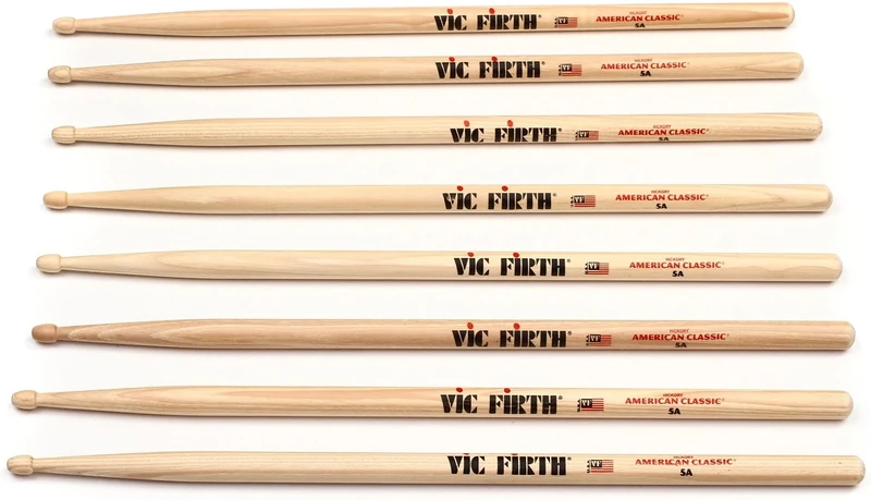 Vic Firth American Classic Series Drumsticks - 5A - American Hickory - Wood Tip - 4 x Pair Value Pack