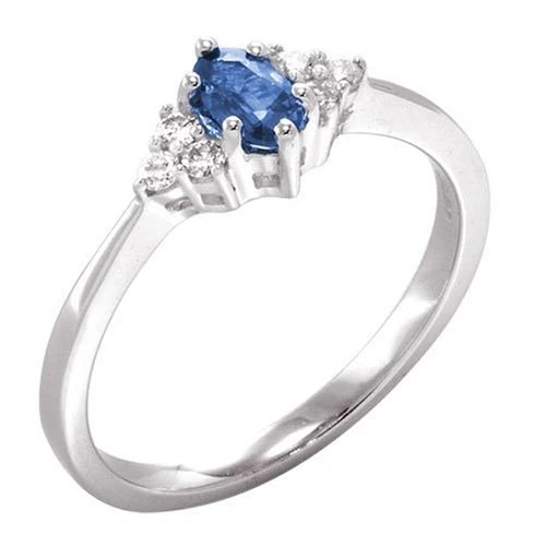 9ct White Gold Ladies Sapphire/6 Diamond Ring - Size P