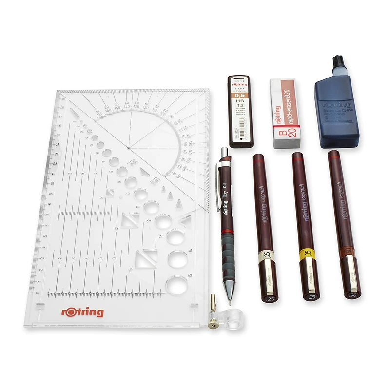 rOtring Isograph Fineliner Pen & Pencil College Set | 3 Technical Pens (0.25mm0.35mm0.50mm) and Mechanical Pencil (0.5mm) + Accessories