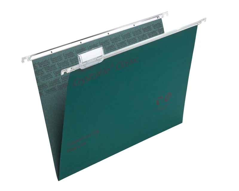 Rexel Foolscap Suspension Files with Tabs and Inserts for Filing Cabinets, 15 mm V base, 100 Percent Recycled Manilla, Green, Crystalfile Classic, Pack of 50, 78016