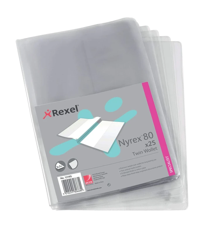 Rexel Nyrex Premium Twin A4 Document Folders, Glass Clear, 100mic, L-Folder, Pack of 25, 12195