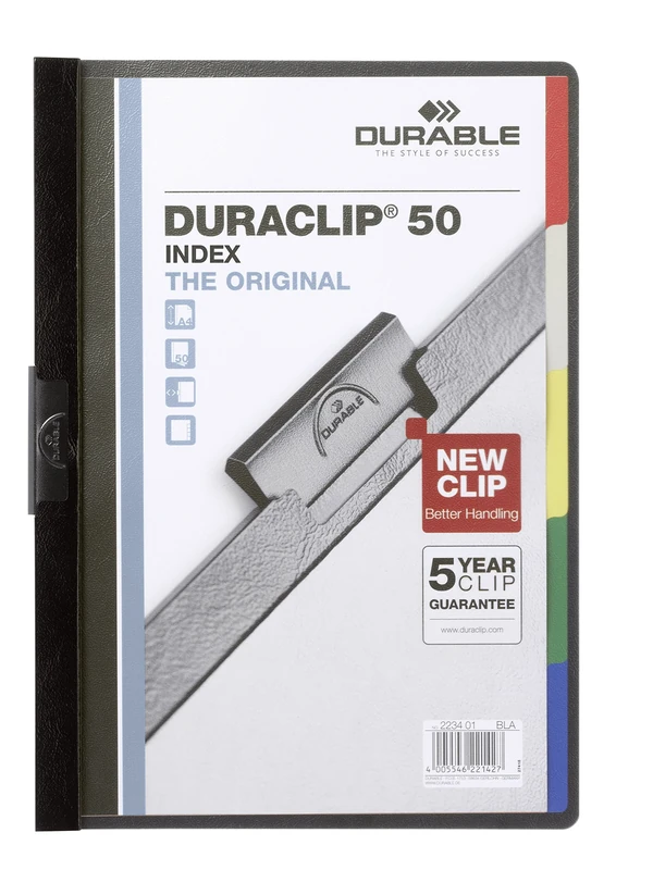 Durable DuraClip 50 Index Folder with 5-Part Divider for 1-50 Sheets A4 - Black Ref 2234/01 (Pack of 25)