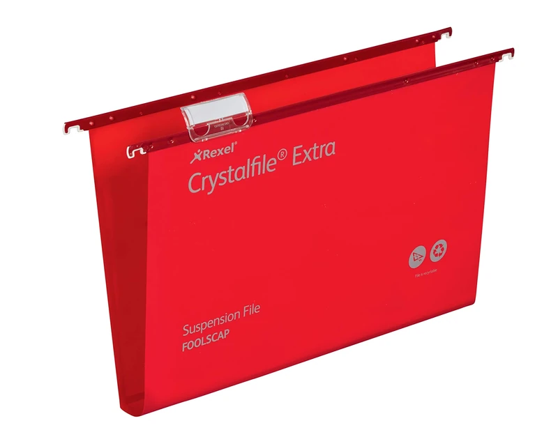 Rexel Foolscap Heavy Duty Suspension Files with Tabs and Inserts for Filing Cabinets, 30 mm base, Polypropylene, Red, Crystalfile Extra, Pack of 25, 70632
