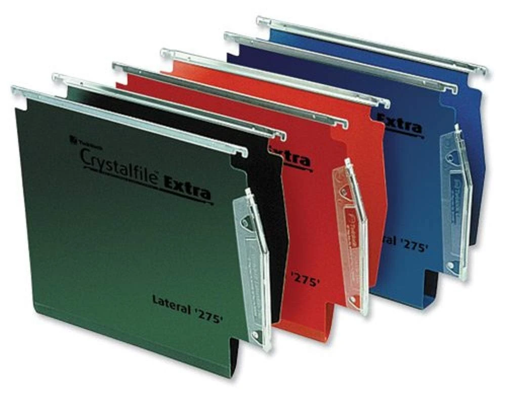 Rexel 275 Lateral Hanging Files with Tabs and Inserts, 15 mm V-base, Polypropylene, Red, Crystalfile Extra, Pack of 25, 70638