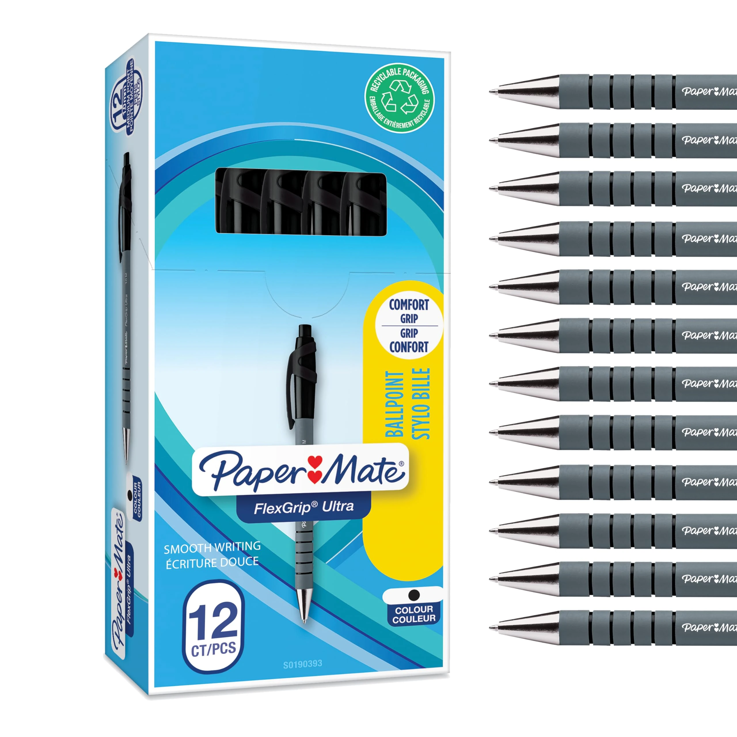 Paper Mate Flexgrip Ultra Retractable Ballpoint Pens | Medium Point (1.0mm) | Handwriting Pens & Stationery Supplies | Black Pen Set | 12 Count