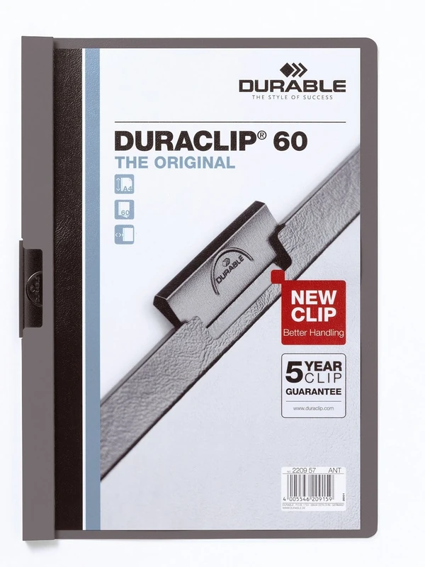 Durable DURACLIP 60 A4 Clip Folder - Holds Up to 60 Sheets of A4 Paper - Strong Metal Sprung Clip - Pack of 25 Anthracite Grey Colour Folders for Organising Documents