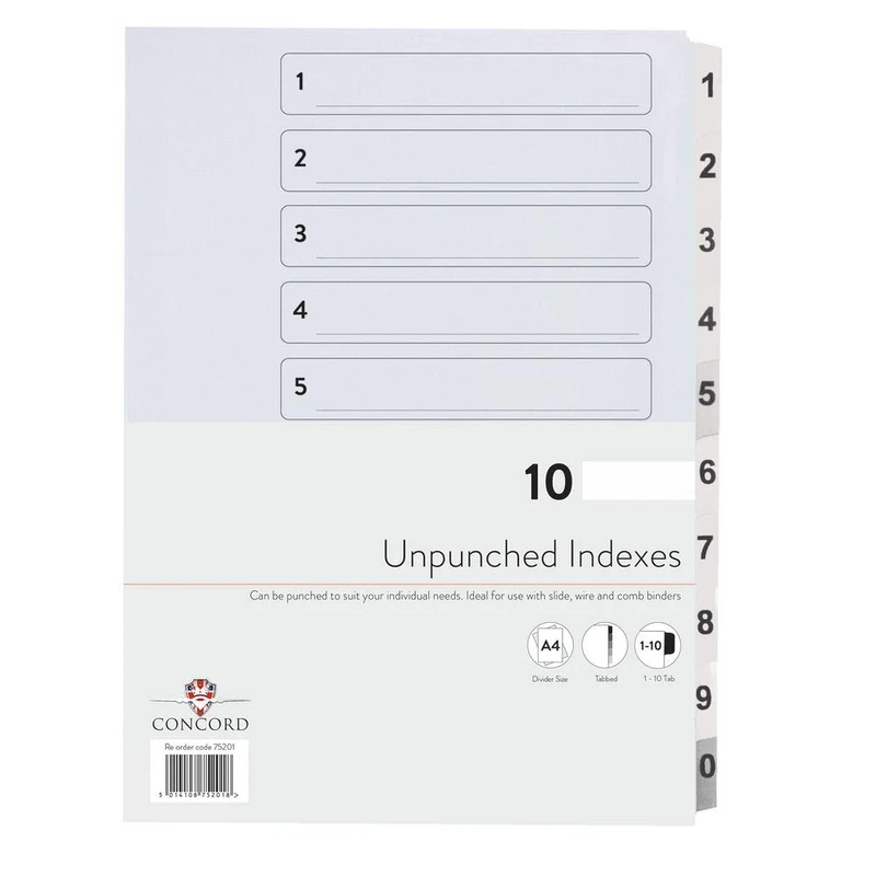 Concord Presentation Index Unpunched White Mylar Tabs 1-10 A4 White Ref 75201 [Pack of 10]