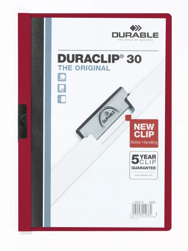 Durable DURACLIP 30 A4 Clip Folder - Holds Up to 30 Sheets of A4 Paper - Strong Metal Sprung Clip - Pack of 25 Dark Red Colour Folders for Organising Documents
