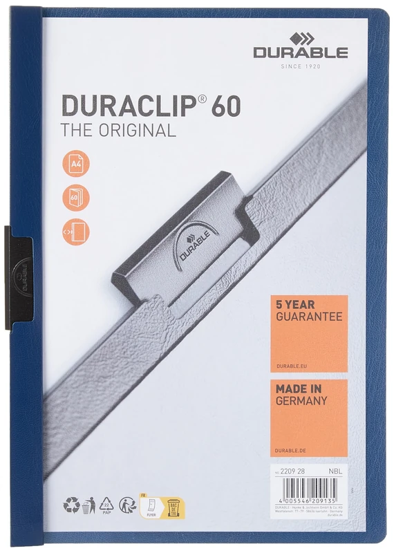 Durable DURACLIP 60 A4 Clip Folder - Holds Up to 60 Sheets of A4 Paper - Strong Metal Sprung Clip - Pack of 25 Midnight Blue Colour Folders for Organising Documents