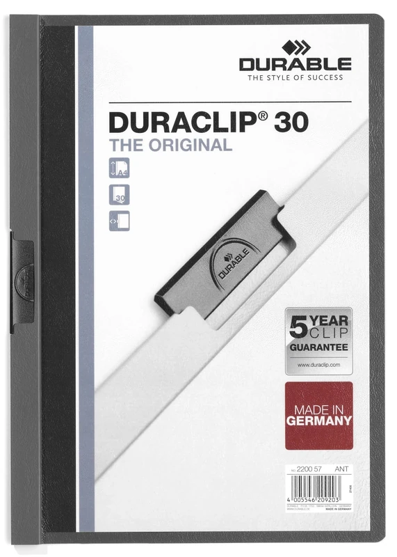 Durable DURACLIP 30 A4 Clip Folder - Holds Up to 30 Sheets of A4 Paper - Strong Metal Sprung Clip - Pack of 25 Anthracite Grey Colour Folders for Organising Documents