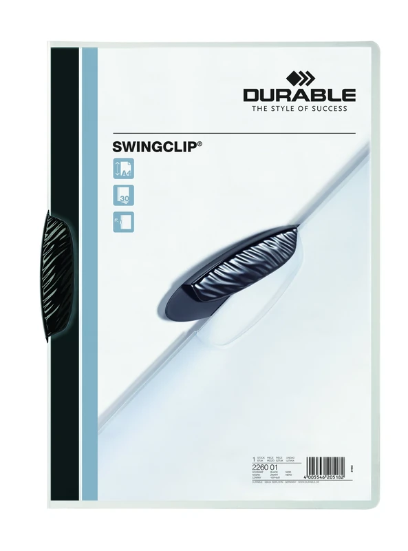 Durable A4 SwingClip Folder Polypropylene Capacity 30 Sheets, Black, Pack of 25