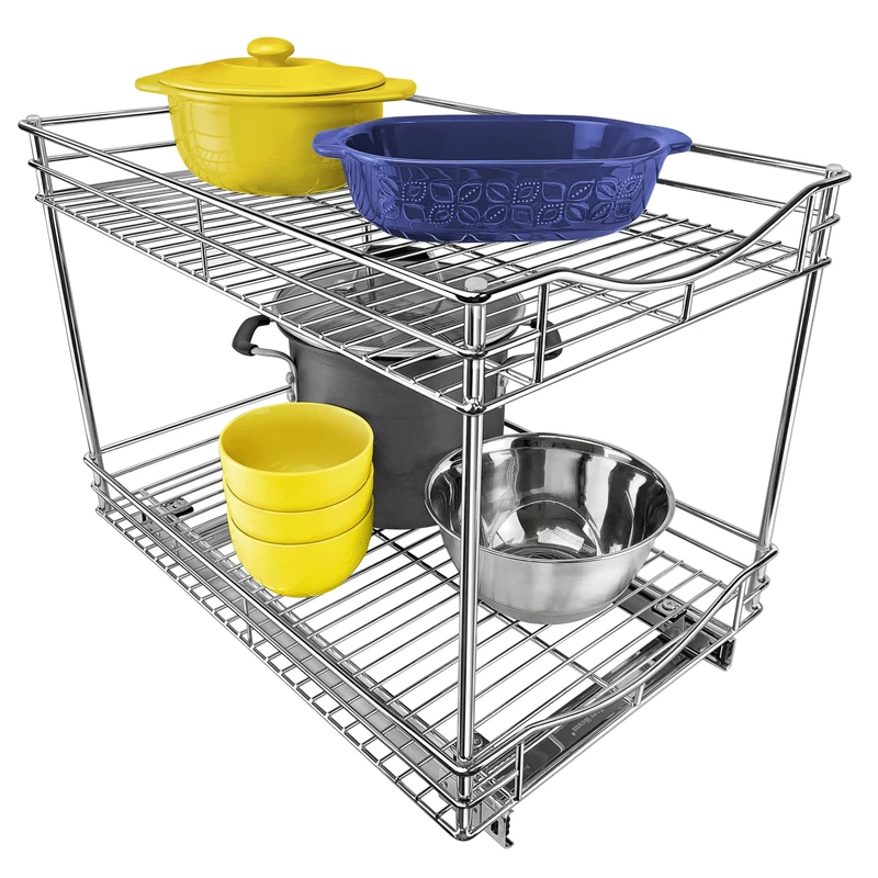 Lynk Pull Out 2 Tier Sliding Under Cabinet Organizer, Metal, 14x21 Dbl Chrome, 14w x 21d x 16h-inch