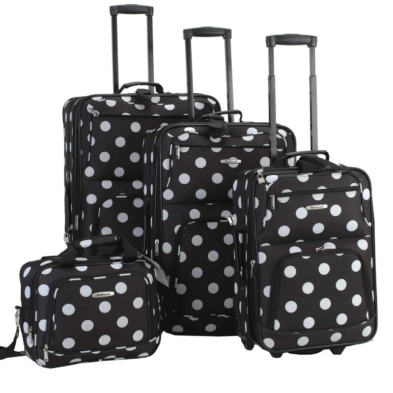 Rockland Polka Softside Upright Luggage Set, Black Dot, 4-Piece Set (14/19/24/28)