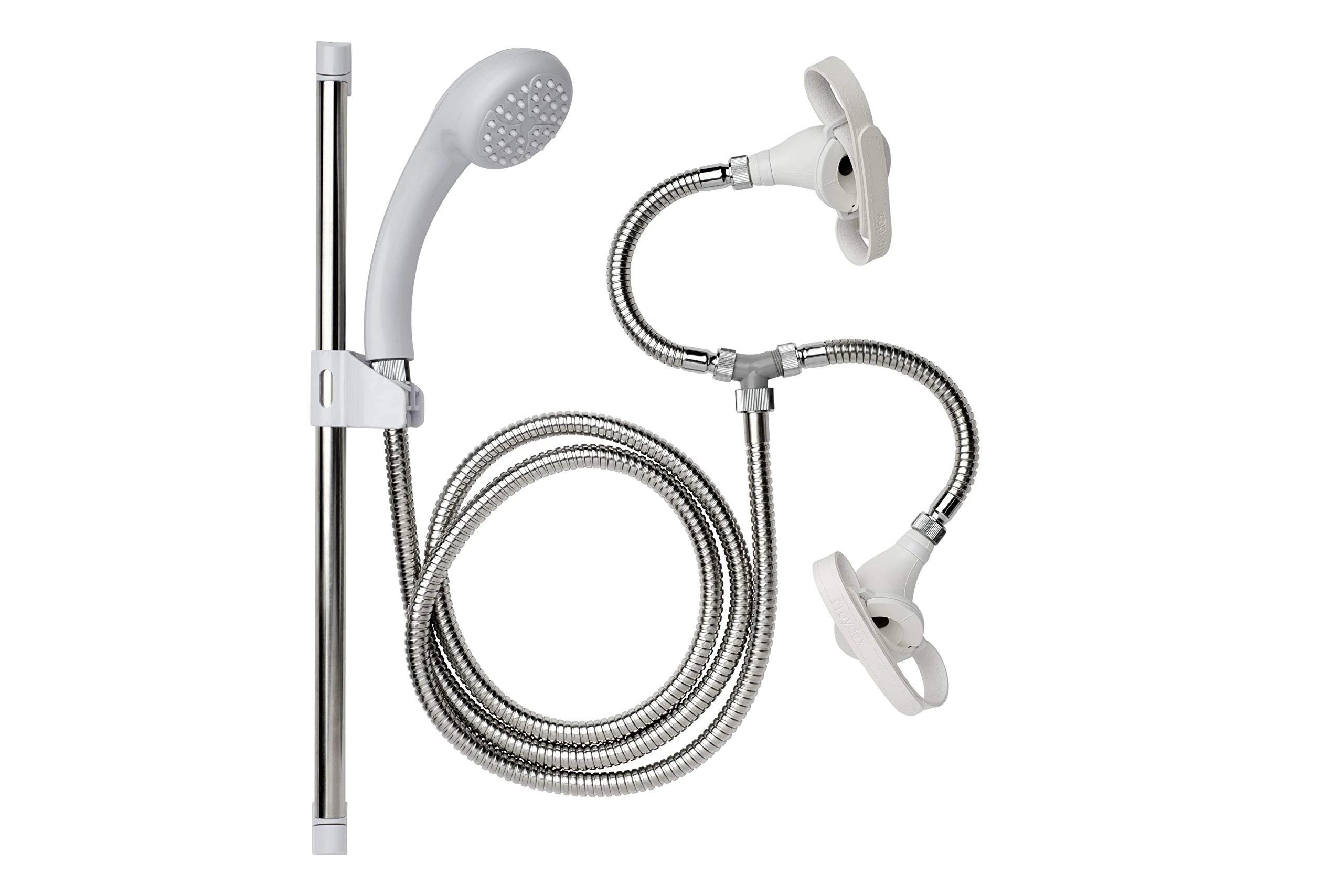 Croydex Secura Shower Head and Hose Attachment for Bath Taps - Multipurpose Stainless Steel Shower Hose, Complete Set with Riser Rail, Easy Push-On Design with Straps for Bathroom, Kitchen, Pet Shower