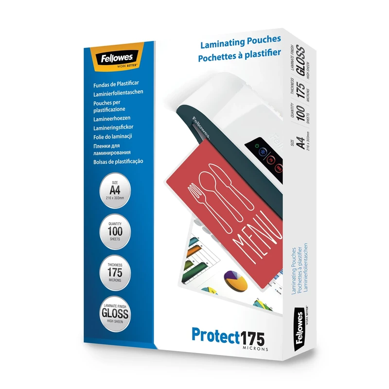 Fellowes Protect A4 175 Micron Glossy Laminating Pouches (Pack of 100), 53087