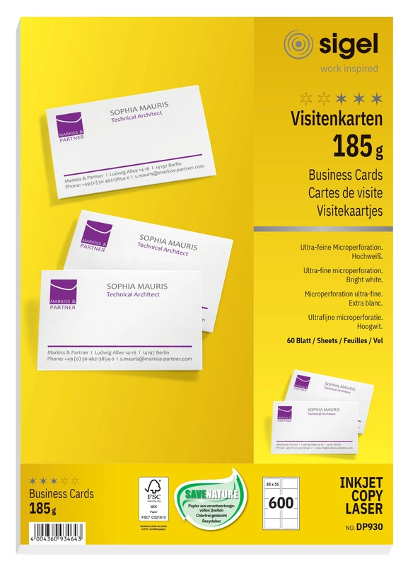 SIGEL DP930, 85x55 mm (A4), Business Cards, mp, 185 gsm, printable, bright White, 600 Piecesequal to60 sheets