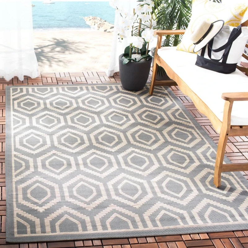 SAFAVIEH Contemporary Rug for Indoor & Outdoor - Courtyard Collection, Short Pile, in Anthracite and Beige color, 160 X 231 cm