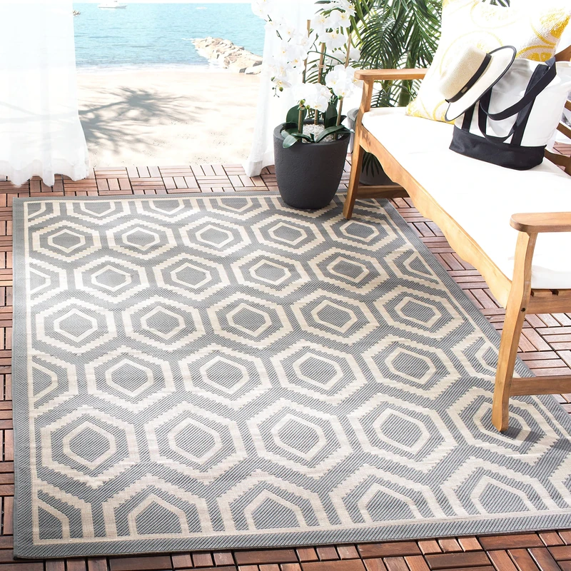 Safavieh Contemporary Indoor/Outdoor Woven Rectangle Area Rug, Courtyard Collection, CY6902, in Anthracite / Beige, 201 X 290 cm for Garden, Patio or Any Outdoor Space
