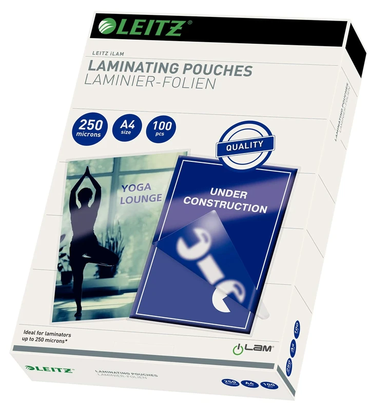 Leitz A4 Premium Laminating Pouches, 250 micron thick material, Glossy, UDT, Transparent, Pack of 100