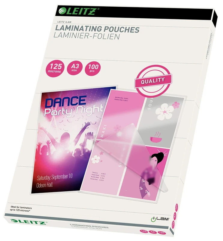 Leitz Laminating Pouches Made of 125 Micron Thick Material (Transparent, Glossy, A3) - Pack of 100