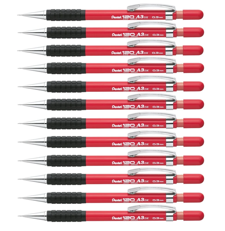 Pentel A313-B 0.3 mm Automatic Pencil - Red (Pack of 12 Pencils)