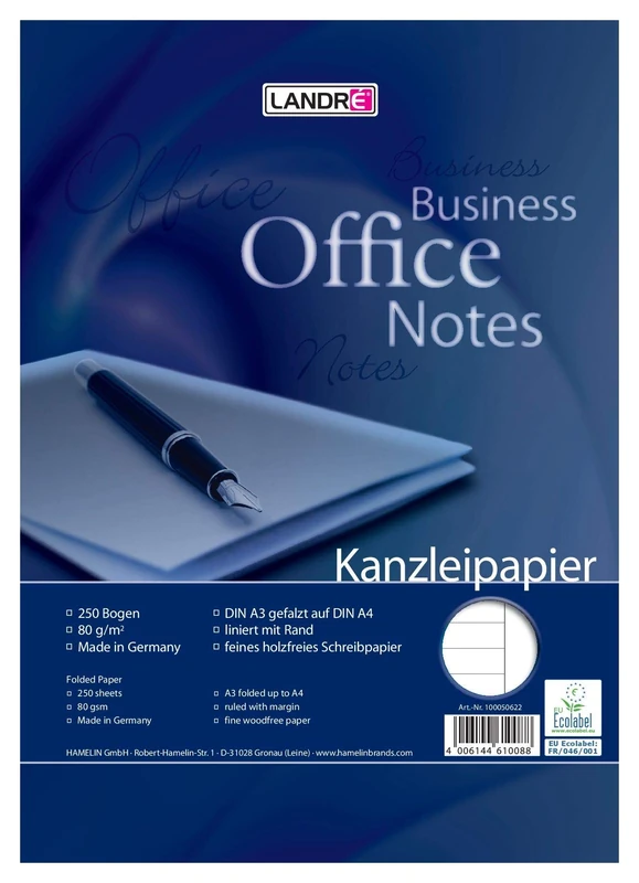 Landre 100050618 Foolscap Paper, DIN A3 Folded to A4, Lined, 80 g/m² Fine, 250 Sheets per Pack Official Paper "Office", DIN A3 Folded to A4, Lined with Margin