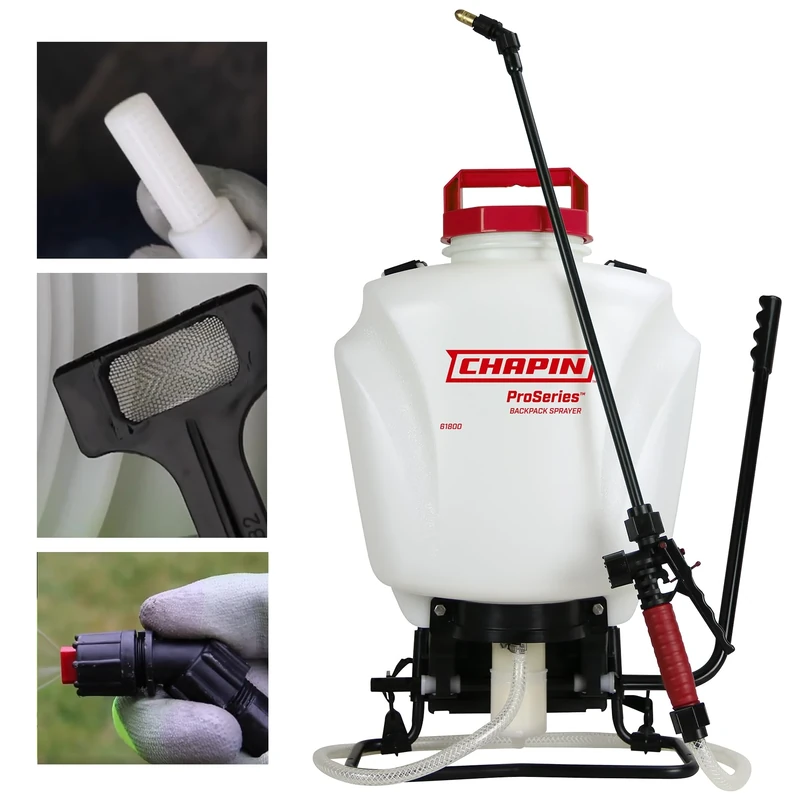Chapin 61800 4-Gallon Made in USA Professional Backpack Sprayer with Brass Adjustable and Poly Fan/Cone Nozzles, Cushion Grip Shut-Off, 3-Stage Filtration System, Translucent White