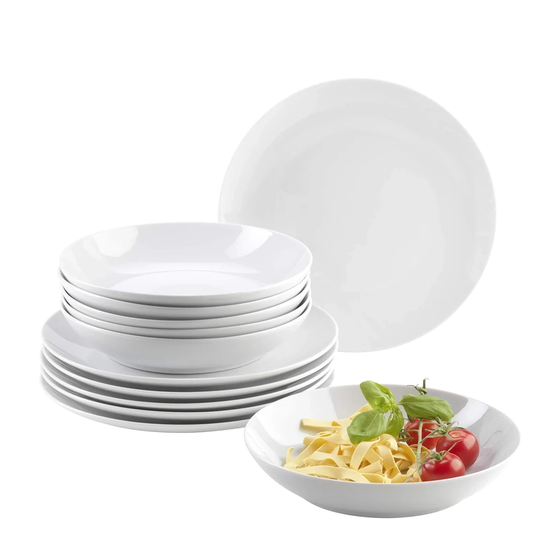 Mäser, Barca Series, 12 Piece Dinnerware Set, White Porcelain Crockery for 6 People