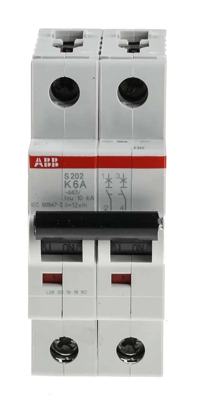 ABB S202-K6 Miniature Circuit Breaker, 2 Pole, Type K, 6/10kA Breaking Capacity, 6 Amp Current (2CDS252001R0377)