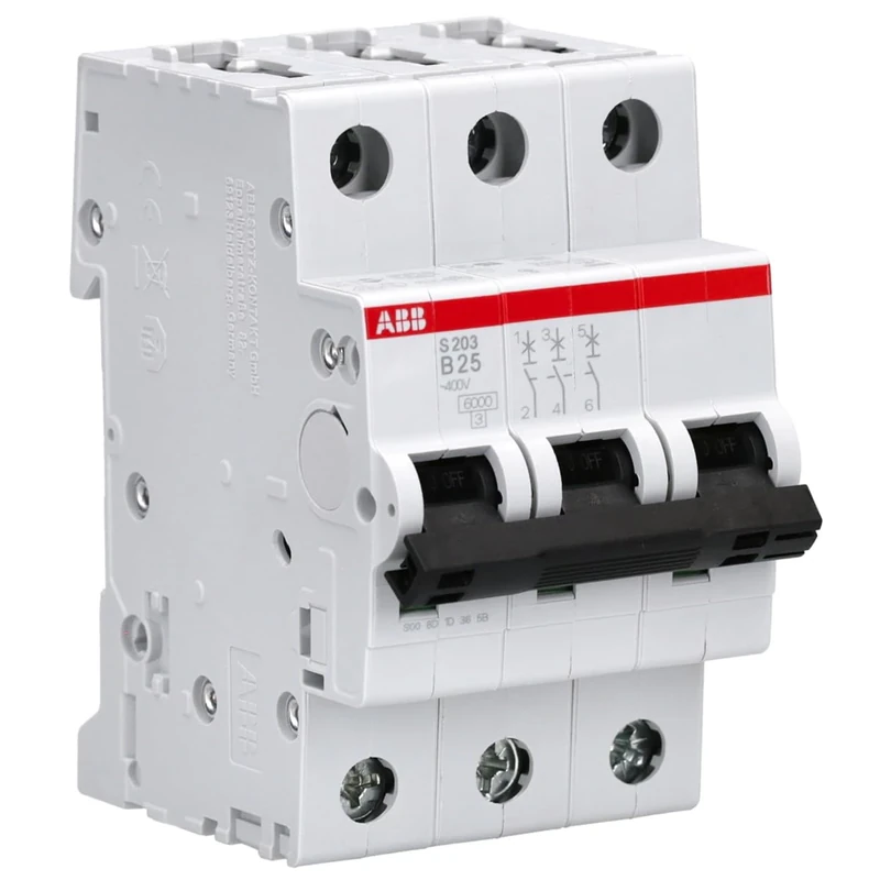 ABB S203-B25 Miniature Circuit Breaker, 3 Pole, Type B, 6/10kA Breaking Capacity, 25 Amp Current (2CDS253001R0255)