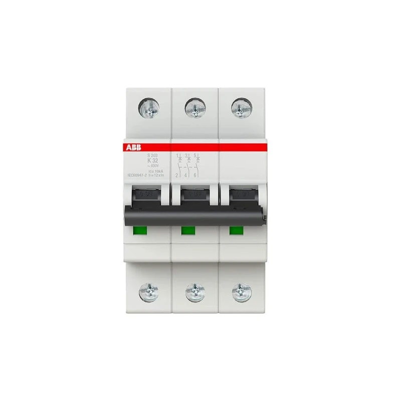 ABB S203-K32 Miniature Circuit Breaker, 3 Pole, Type K, 6/10kA Breaking Capacity, 32 Amp Current (2CDS253001R0537)