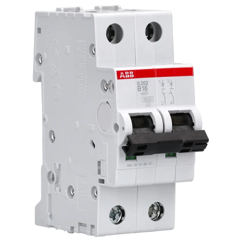 ABB S202-B16 Miniature Circuit Breaker, 2 Pole, Type B, 6/10kA Breaking Capacity, 16 Amp Current (2CDS252001R0165)