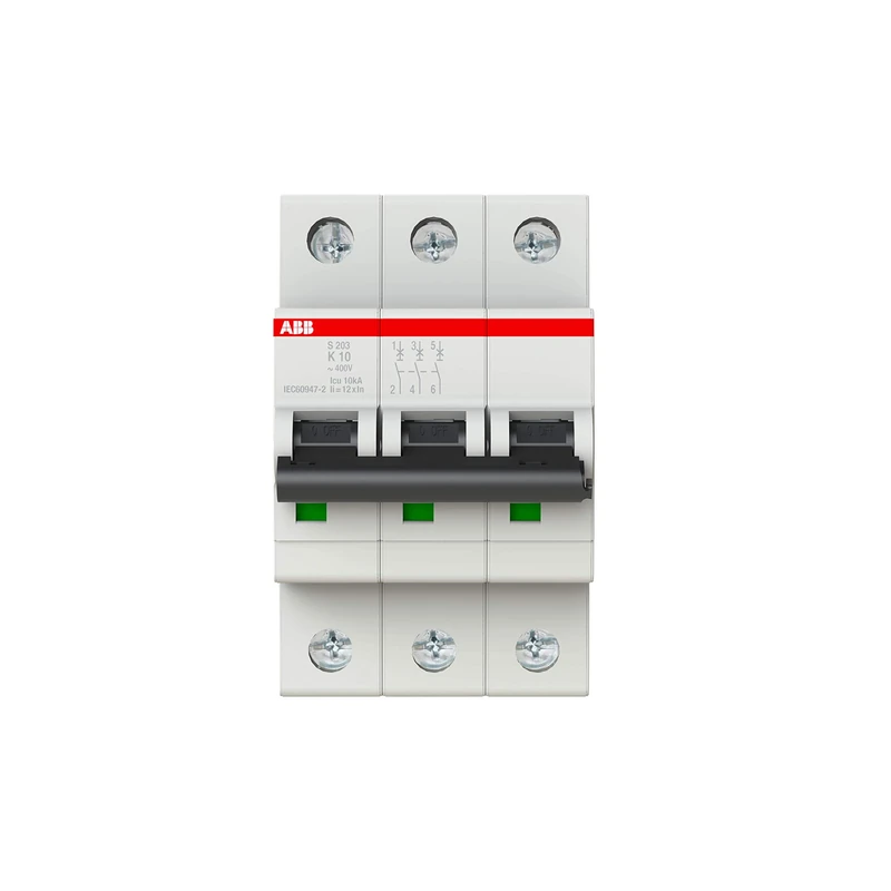 ABB S203-K10 Miniature Circuit Breaker, 3 Pole, Type K, 6/10kA Breaking Capacity, 10 Amp Current (2CDS253001R0427)