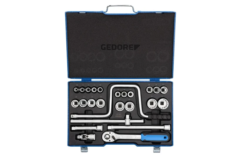 GEDORE 25-piece Socket spanner set, Hex/bi-hex, 1/2", 10-32 mm, Tool, Ratchet with lever reverse, for Automotive, D19 TMU 10