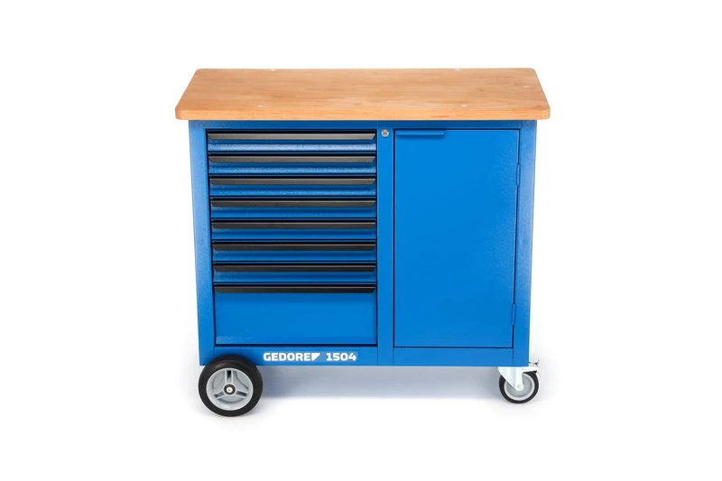 GEDORE Mobile workbench, Workbench with 8 drawers and wooden work surface, Workbench on wheels, Sheet steel, Empty, 1504 0701 - Image 1