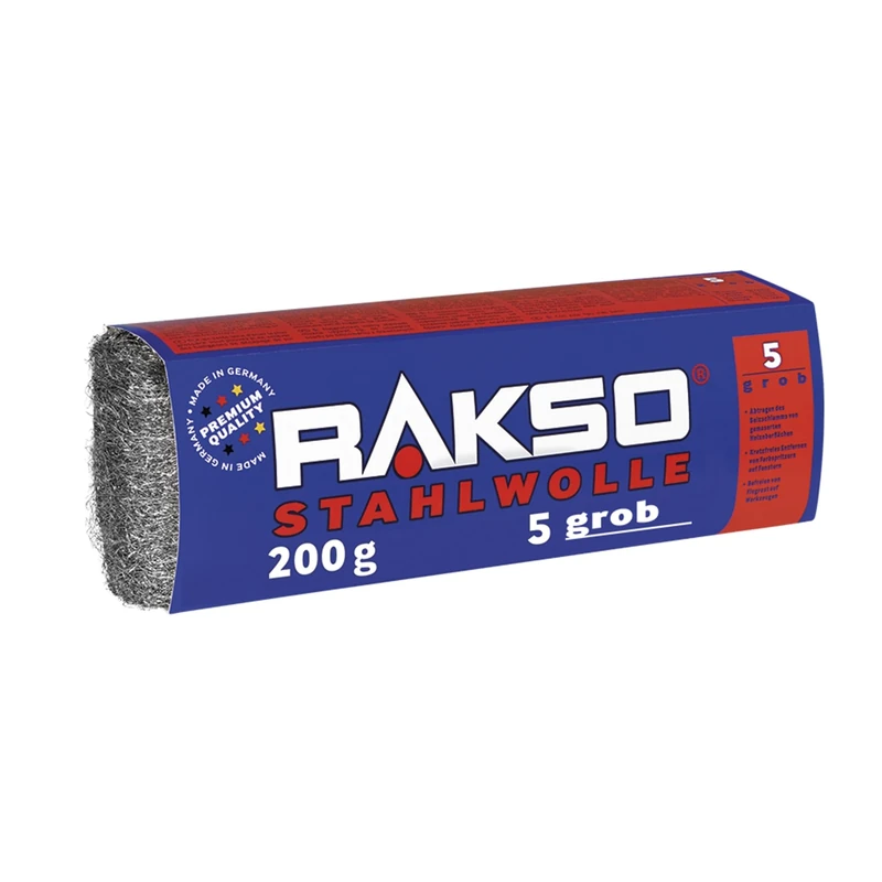 RAKSO Steel Wool Coarse 5 | 200 g, 1 Banderole, Remove Stain Mud from Wood, Removes Paint Splashes on Glass, Flash Rust on Tools